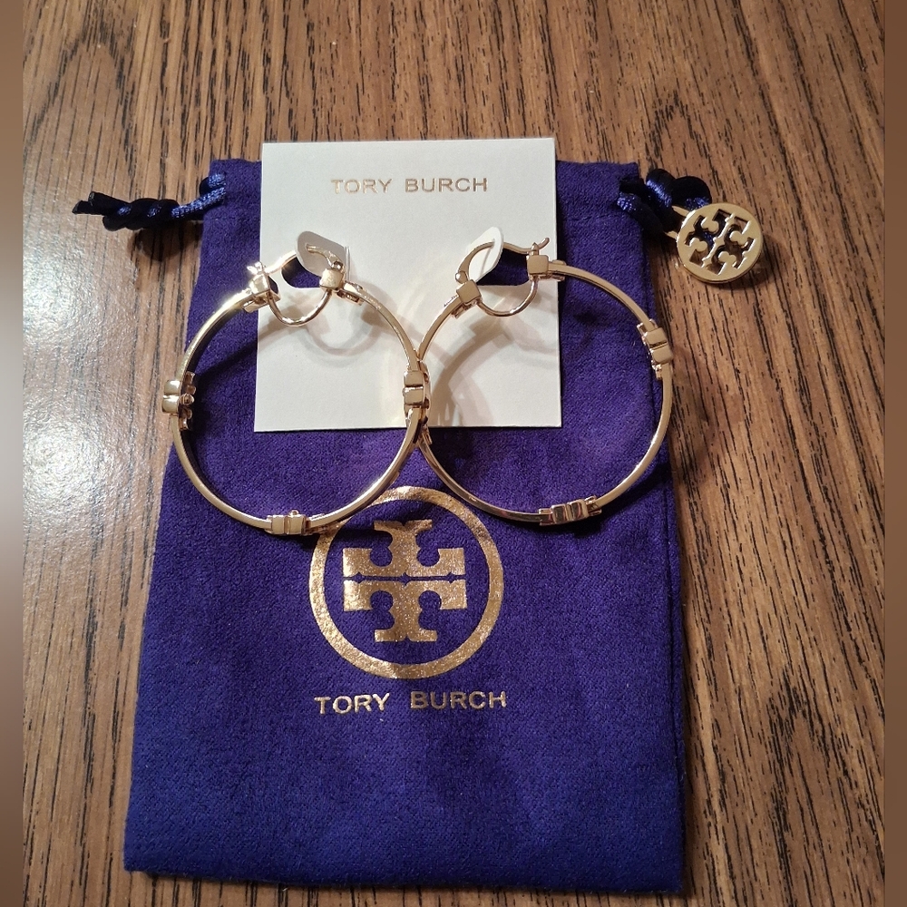 Tory Burch Gold Hoop Earrings With Logo Accents NWT - Picture 2 of 10
